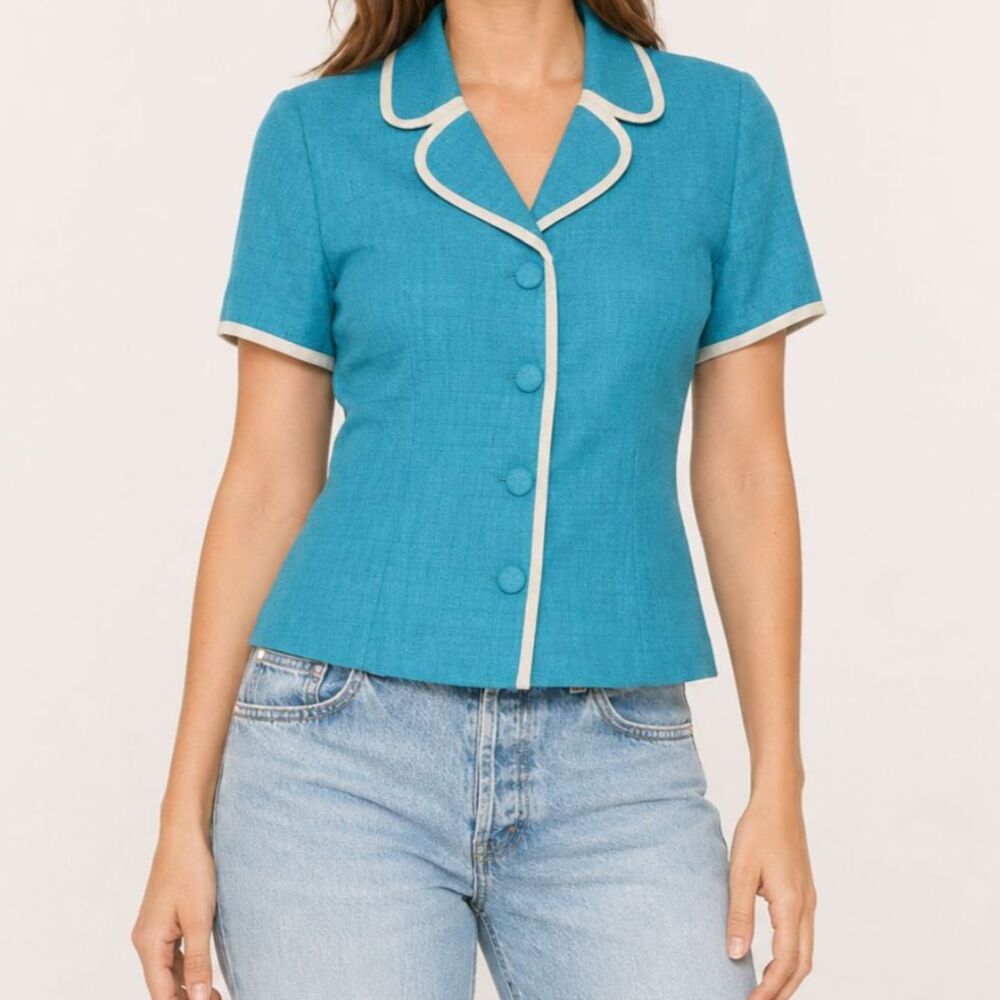 Vintage Teal Short Sleeve Blouse Size Medium